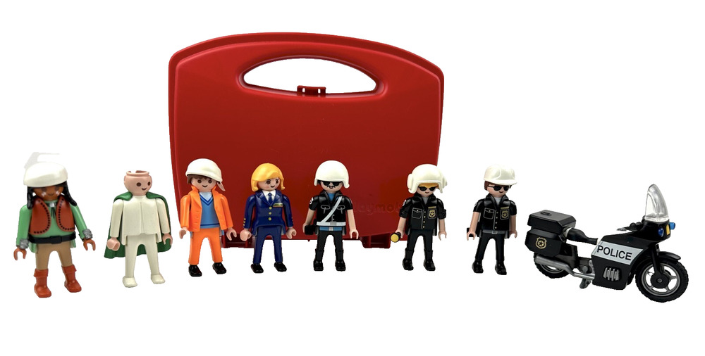 Lot of 9 Playmobil Figures Police Motorcycle, Pilot & Super Hero Cape w/ Case